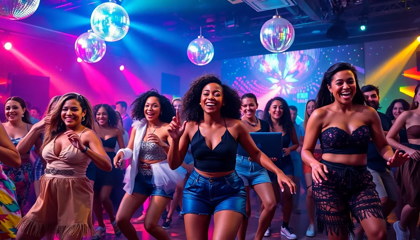 diverse group dancing joyfully in a vibrant club setting.