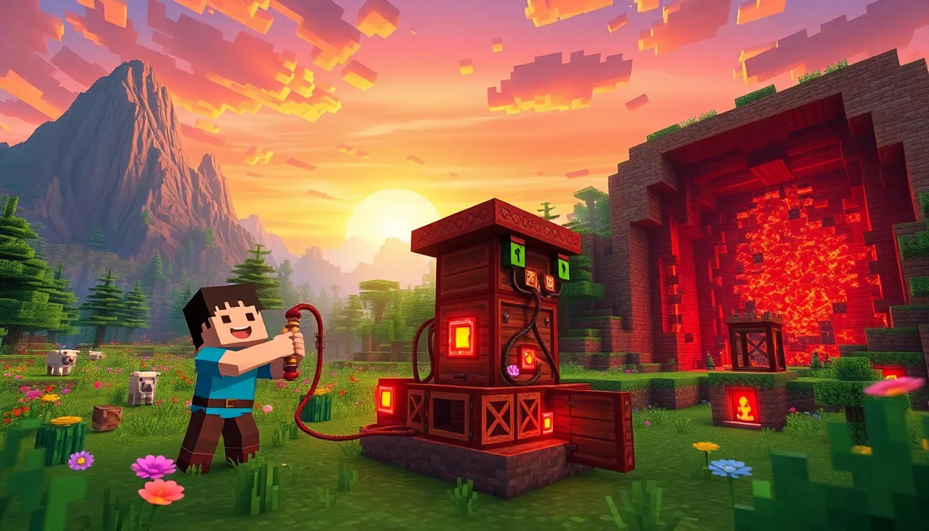 A Minecraft player building with redstone in a vibrant pixelated landscape.