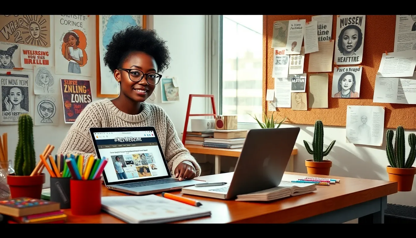 a young woman creating content for #RedWebzine in a colorful workspace.