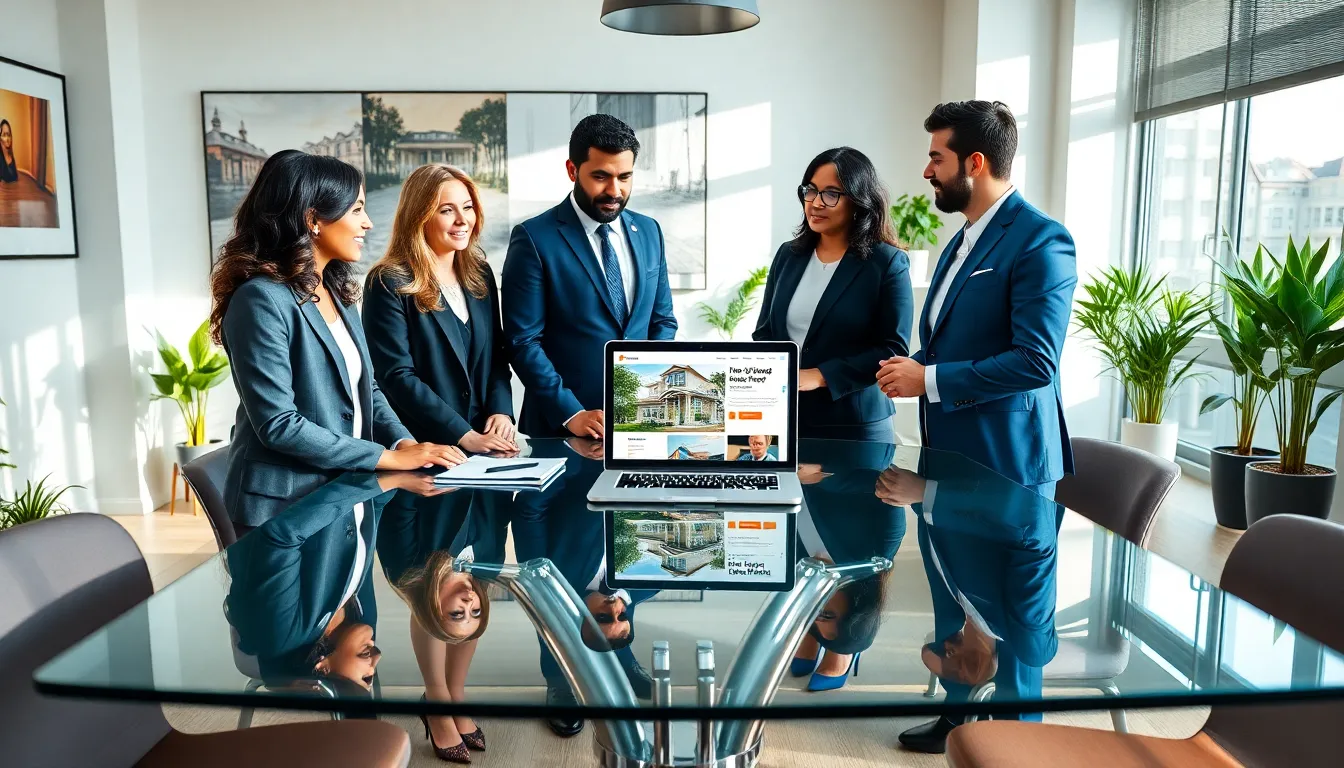 diverse real estate team collaborating in a modern office setting.