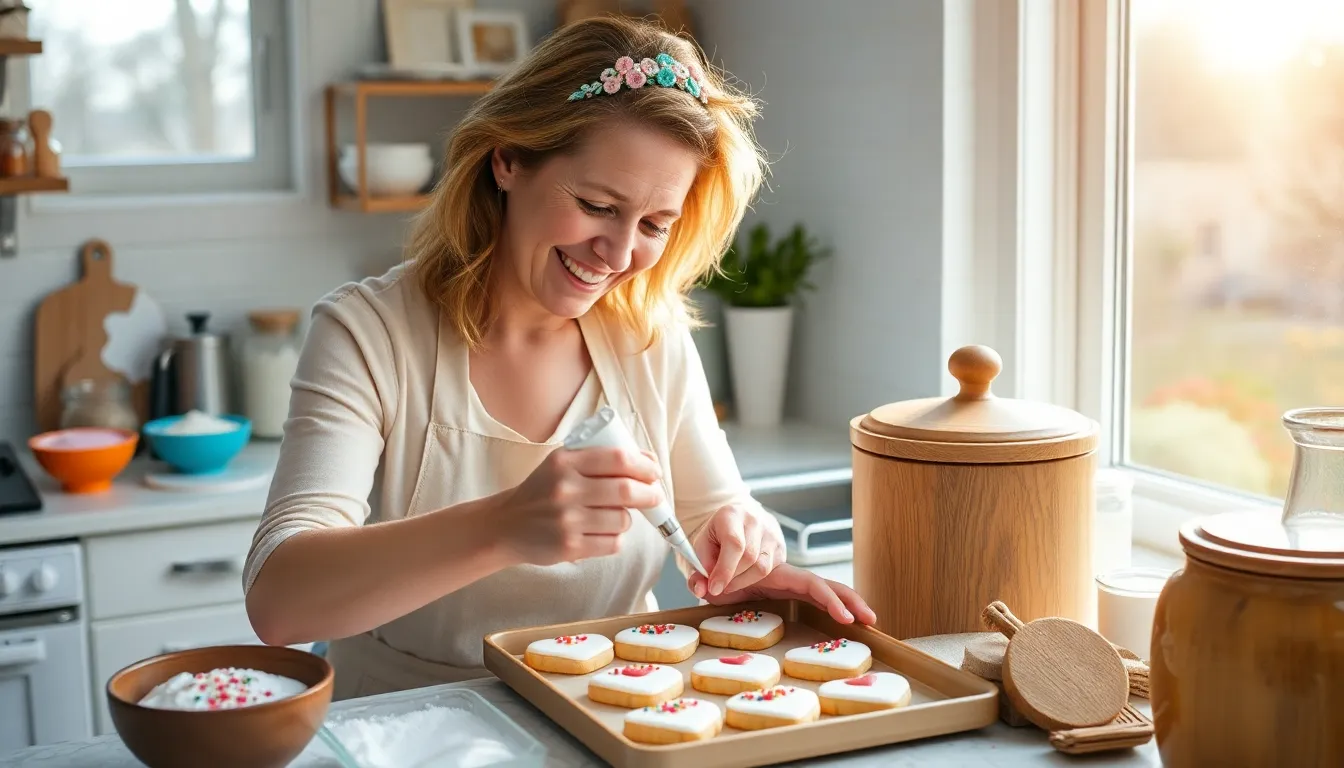 a woman decorating cookies in a sunny kitchen filled with baking ingredients.